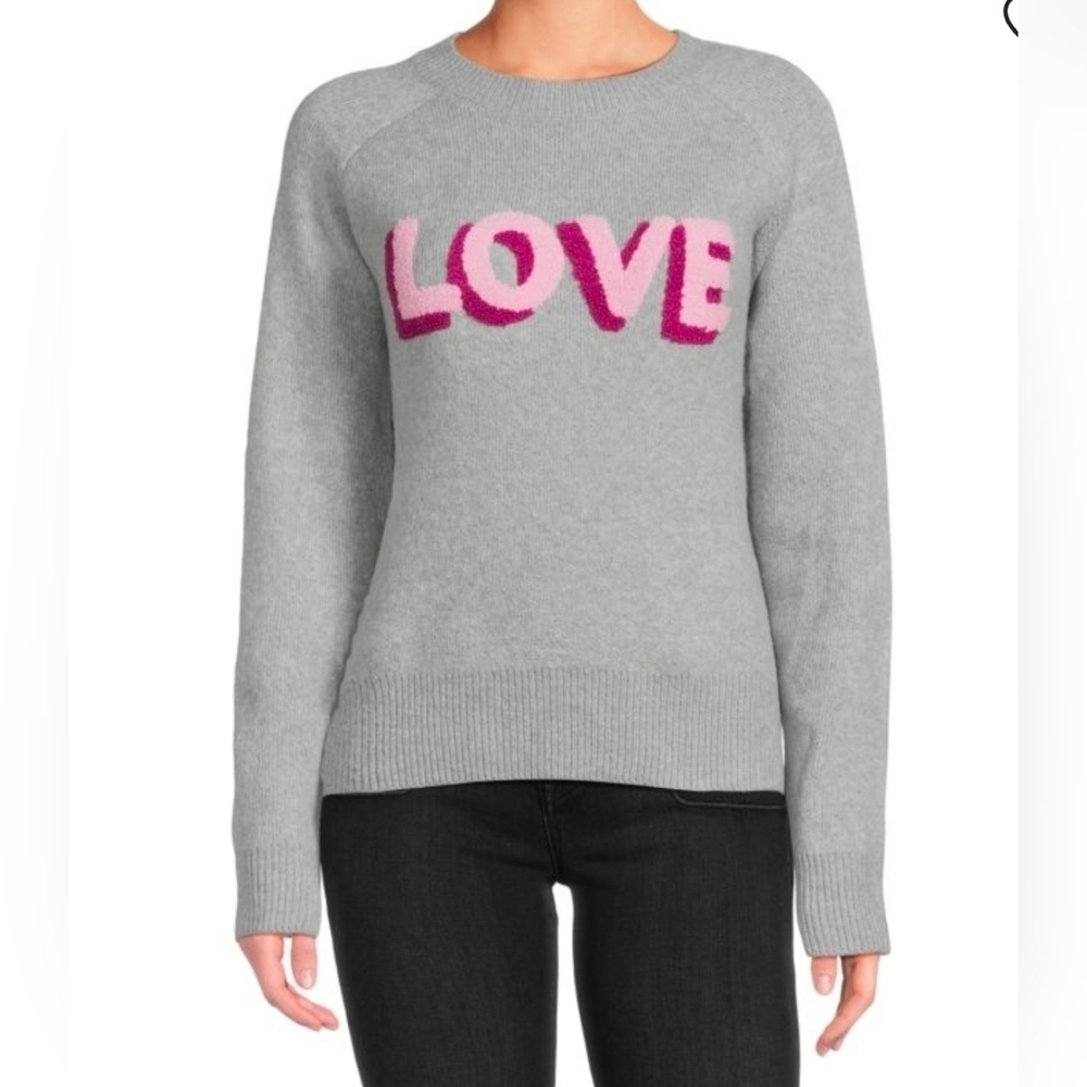 Bobeau LOVE Crewneck Sweater, Gray with Pink Lettering, Size Large Petite